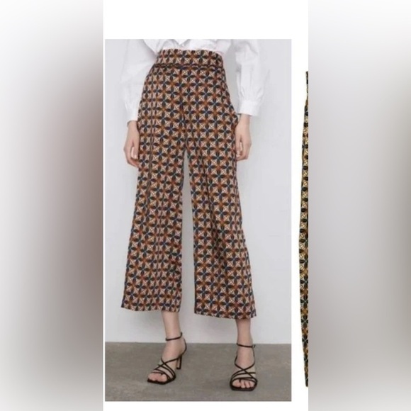 🧡✨Zara Geometric Wide Leg Pants Brown Blue High Waist Sz S✨ - Picture 2 of 6